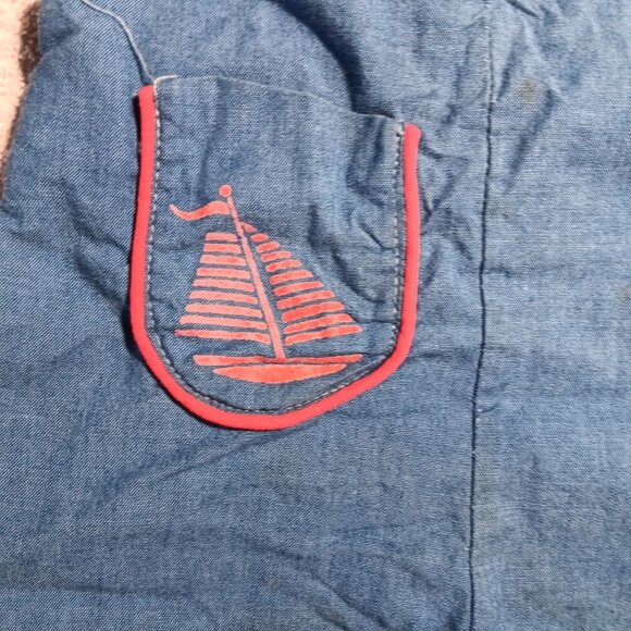 Vintage Blue Denim Baby Overalls 12M Red Buttons & Sailboat Pocket Embroidery - Picture 4 of 6